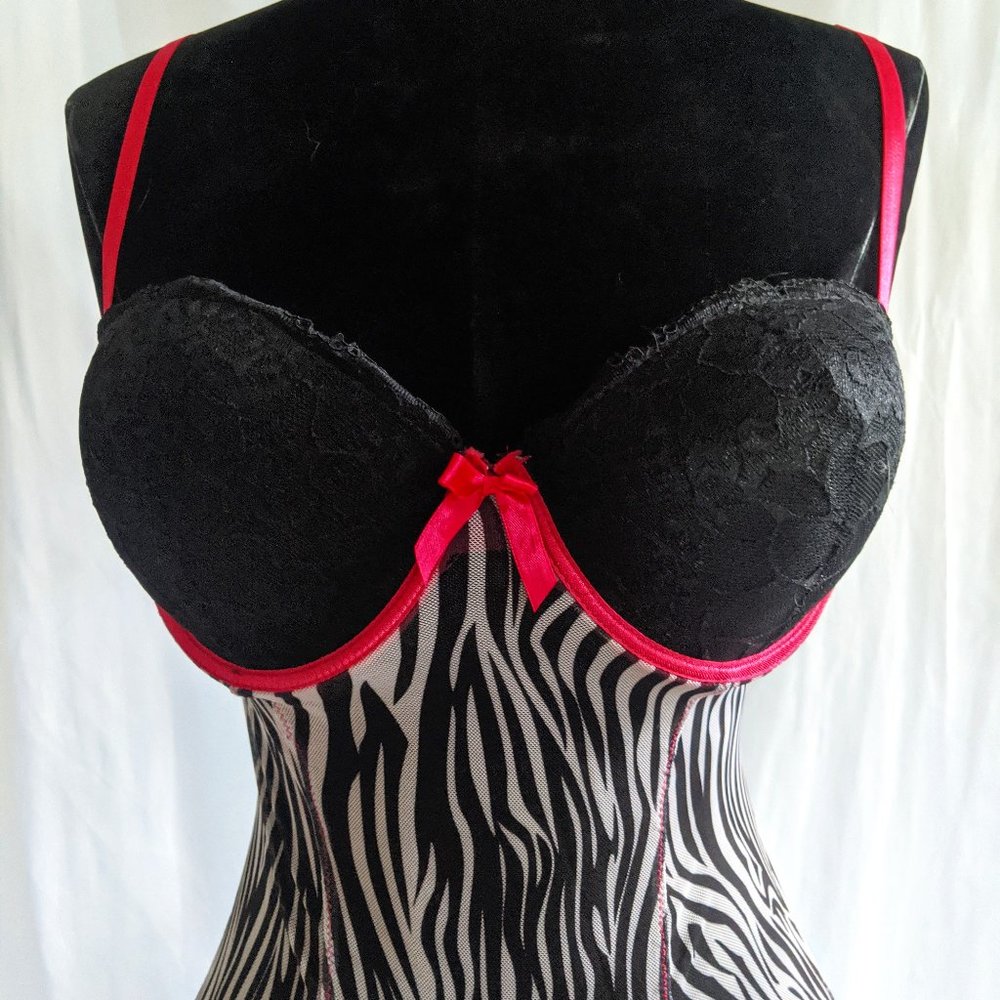 Sexy Zebra Stripe Neon Pink Lace Up Lingerie Teddy Women's D Cup